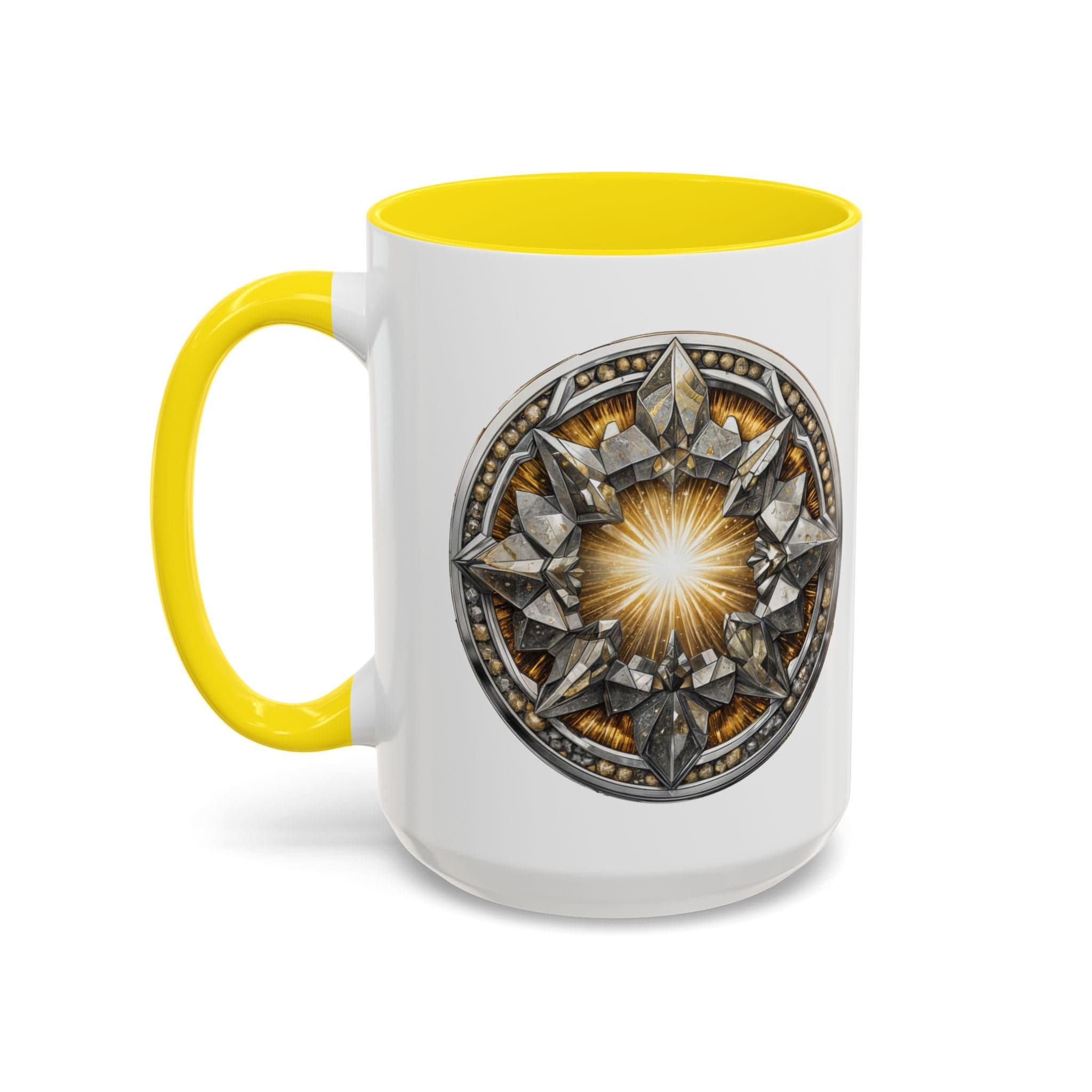 Printify Mug 15oz / Yellow Pyrite Gemstone Coffee Mug with Uplifting Quote and QR Code Perfect for Achievers and Positive Vibes Enthusiasts Crystal Lovers