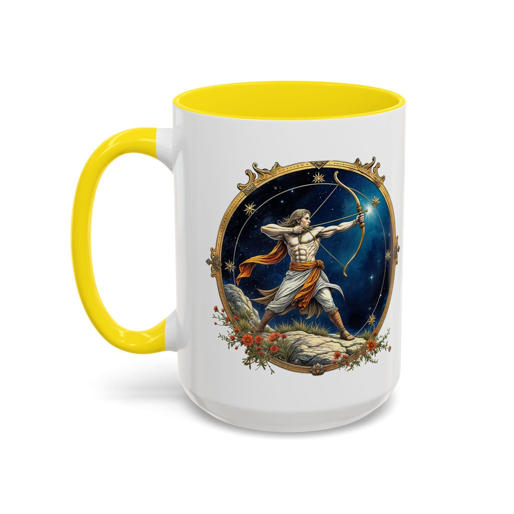 Printify Mug 15oz / Yellow Sagittarius Zodiac Coffee Mug with Inspirational Quote and Smart QR Code Adventurous Astrology Gift Horoscope Mug for Sagittarius Fans