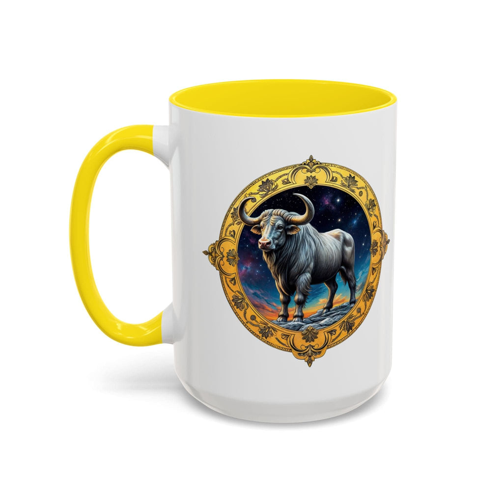 Printify Mug 15oz / Yellow Taurus Zodiac Coffee Mug with Inspirational Quote and Smart QR Code Charming Astrology Gift Custom Horoscope Mug for Taurus Fans