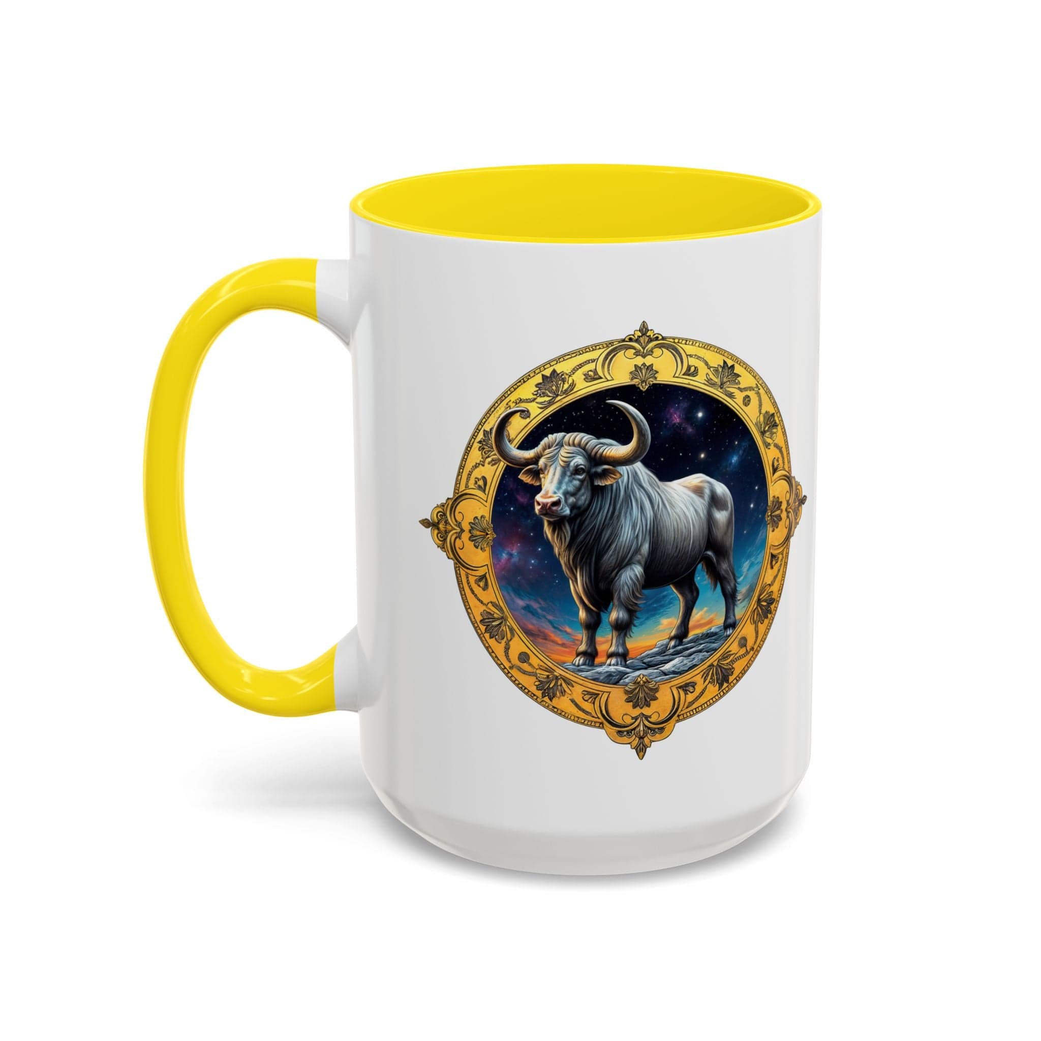 Printify Mug 15oz / Yellow Taurus Zodiac Coffee Mug with Inspirational Quote and Smart QR Code Charming Astrology Gift Custom Horoscope Mug for Taurus Fans