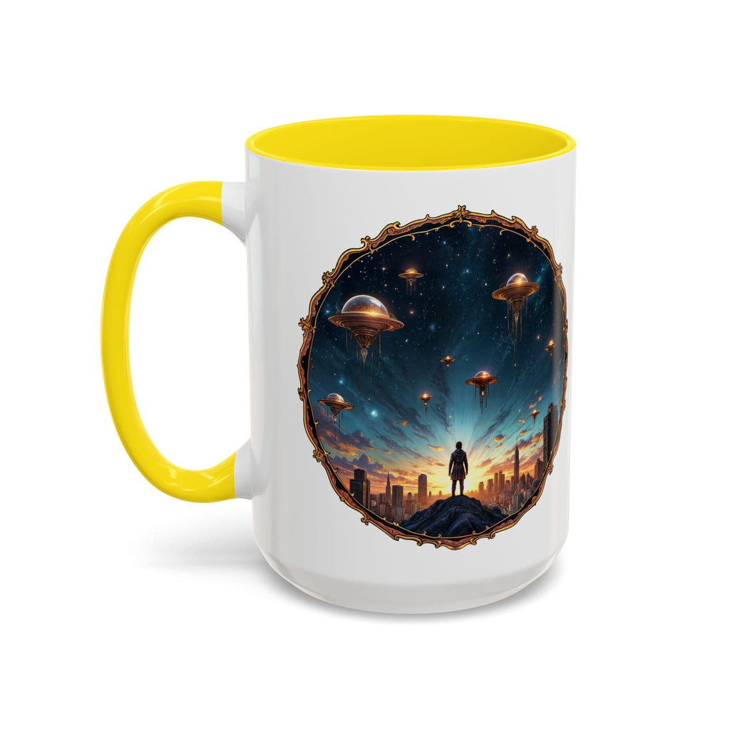 Printify Mug 15oz / Yellow UFO Coffee Mug Featuring Alien Family Reunion Quote - for Intergalactic Traveler Who Love Unique Quirky Gift Alien Jokes QR Code Quote Video