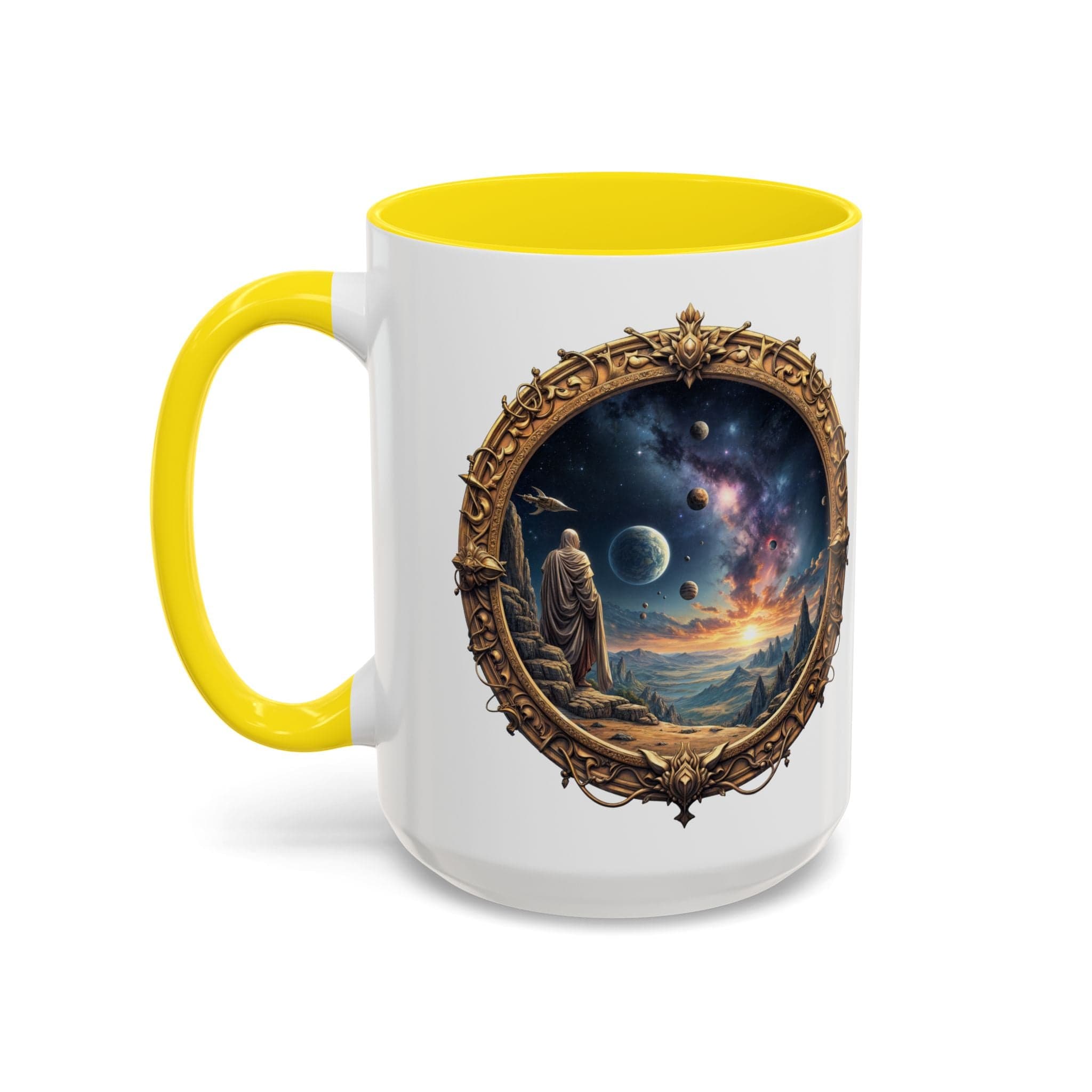 Printify Mug 15oz / Yellow UFO Coffee Mug with Earth Pizza Quote for Space Enthusiasts - Who Love Unique Gift Funny Intergalactic Space Humor QR Code Quote Video