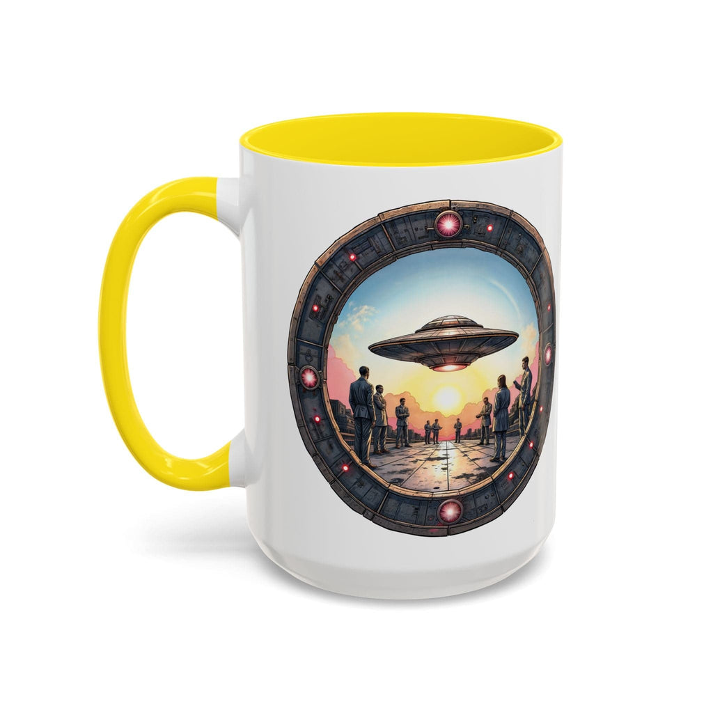 Printify Mug 15oz / Yellow UFO Coffee Mug with Funny Conspiracy Theory Quotes - for Enthusiasts Who Enjoy Mysterious Area 51 Humor Unique Gift Idea QR Code Quote Video