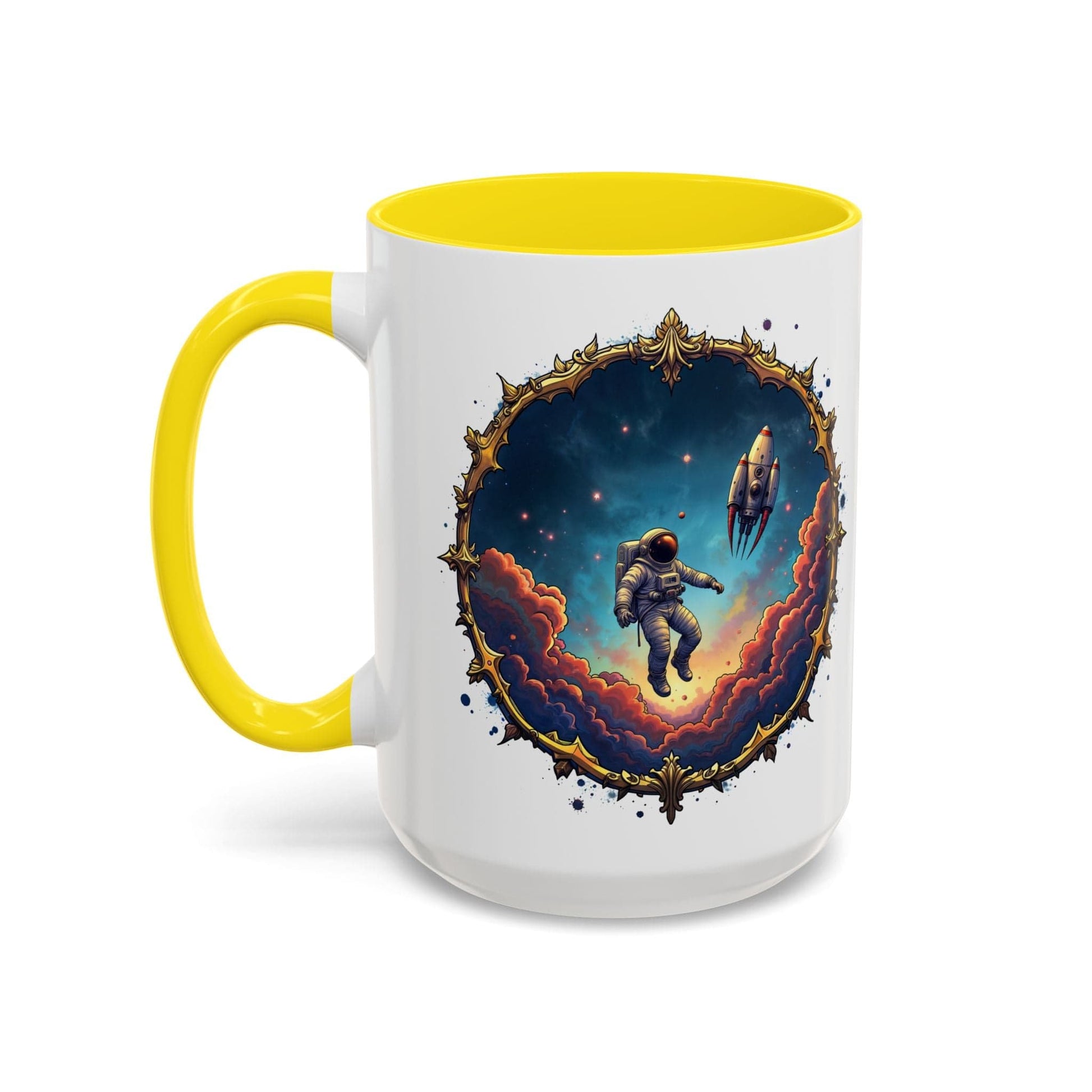 Printify Mug 15oz / Yellow UFO Coffee Mug with Happy Hour Quotes for Intergalactic Travelers - Who Love Quirky Gift Funny Space-Themed Puns for All QR Code Quote Video