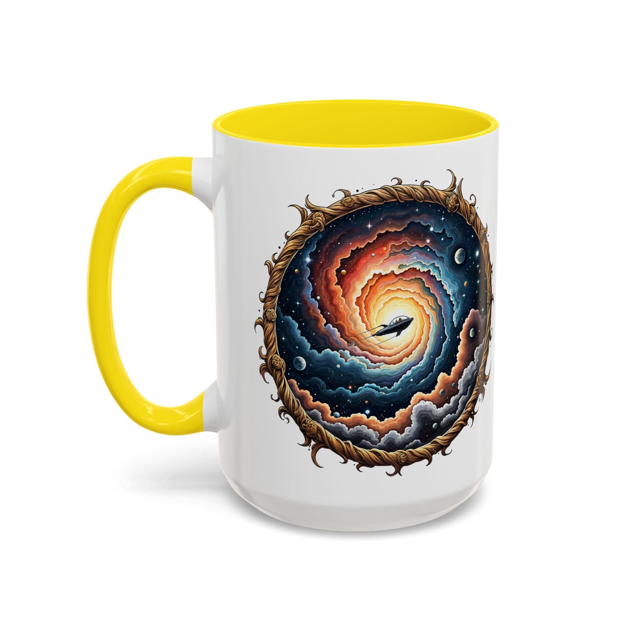 Printify Mug 15oz / Yellow UFO Coffee Mug with Humorous Alien Quote - for Skeptical Science Lover Who Enjoy Unique Quirky Gift Hilarious Space Joke QR Code Quote Video