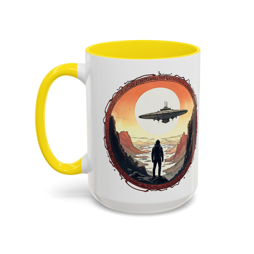 Printify Mug 15oz / Yellow UFO Coffee Mug with Silly Missing Socks Quote for Skeptical Believers - Who Adore Unique Quirky Hilarious Alien Humor QR Code Quote Video