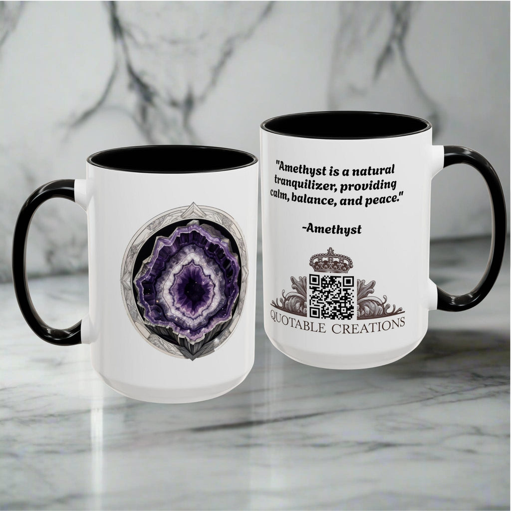 Printify Mug Amethyst Gemstone Coffee Mug with Inspirational Quote and QR Code Perfect Gift for Mindfulness Lovers and Crystal Spiritual Seekers