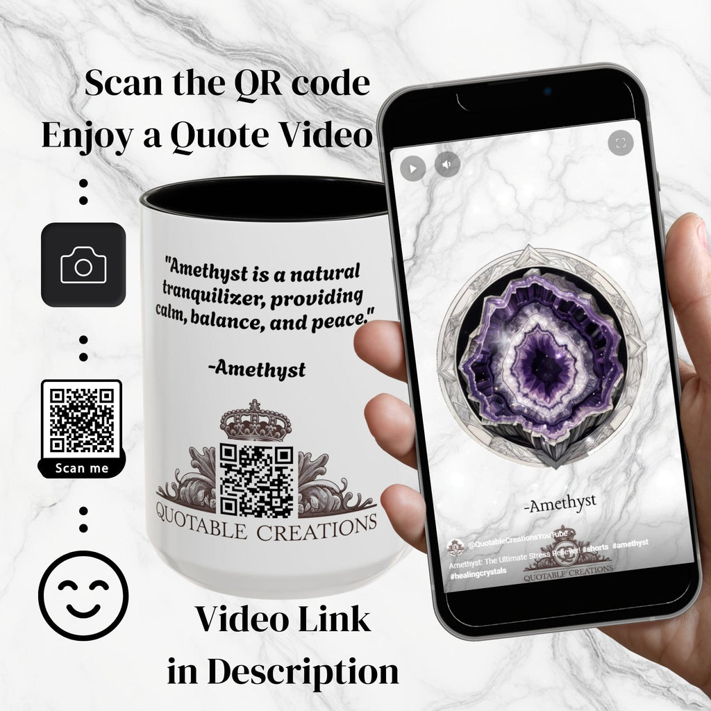 Printify Mug Amethyst Gemstone Coffee Mug with Inspirational Quote and QR Code Perfect Gift for Mindfulness Lovers and Crystal Spiritual Seekers