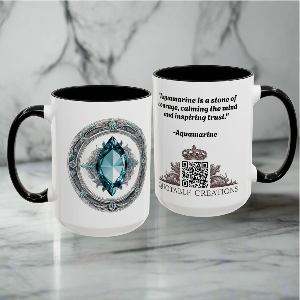 Printify Mug Aquamarine Crystal Coffee Mug with Soothing Quote and QR Code Great Gift for Ocean Lovers Gemstone and Meditation Enthusiasts