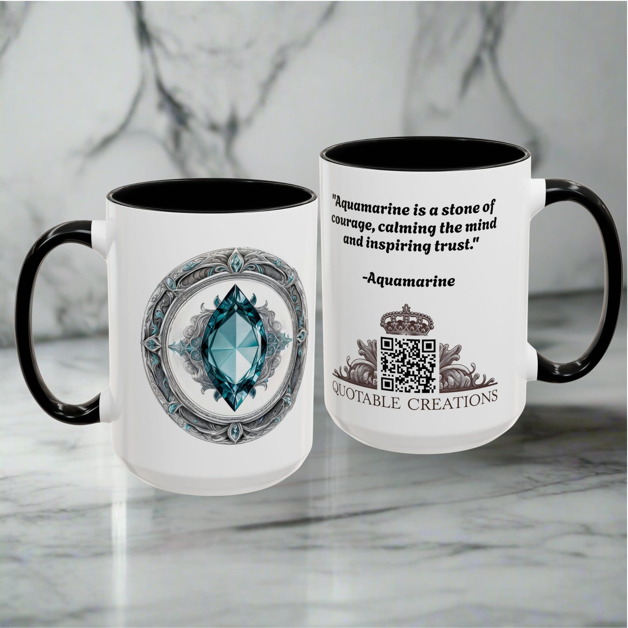 Printify Mug Aquamarine Crystal Coffee Mug with Soothing Quote and QR Code Great Gift for Ocean Lovers Gemstone and Meditation Enthusiasts