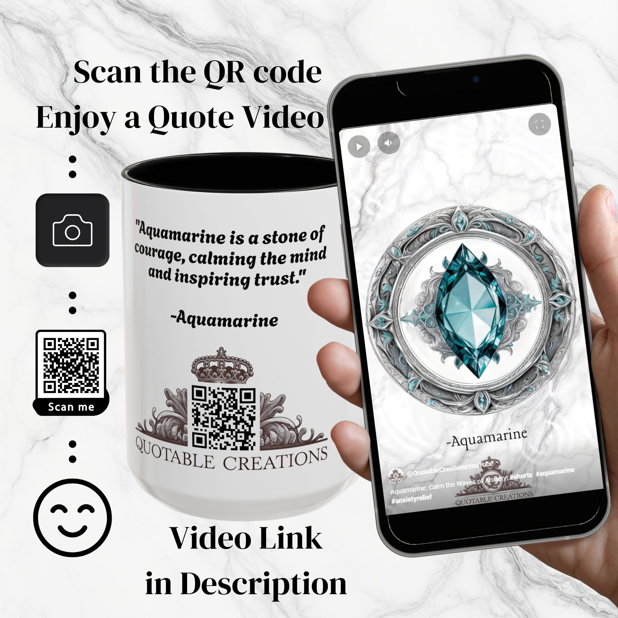 Printify Mug Aquamarine Crystal Coffee Mug with Soothing Quote and QR Code Great Gift for Ocean Lovers Gemstone and Meditation Enthusiasts