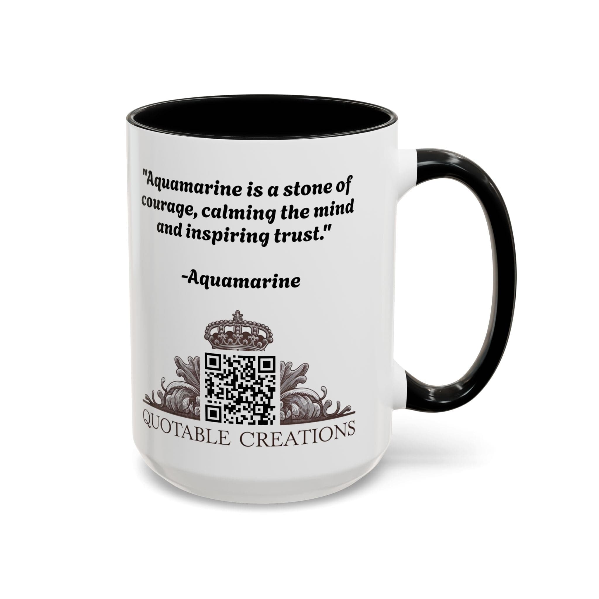 Printify Mug Aquamarine Crystal Coffee Mug with Soothing Quote and QR Code Great Gift for Ocean Lovers Gemstone and Meditation Enthusiasts
