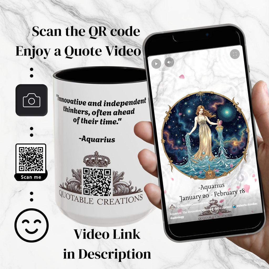 Printify Mug Aquarius Zodiac Coffee Mug with Inspirational Quote and Smart QR Code Trendy Astrology Gift Personalized Horoscope Mug for Aquarius Lovers