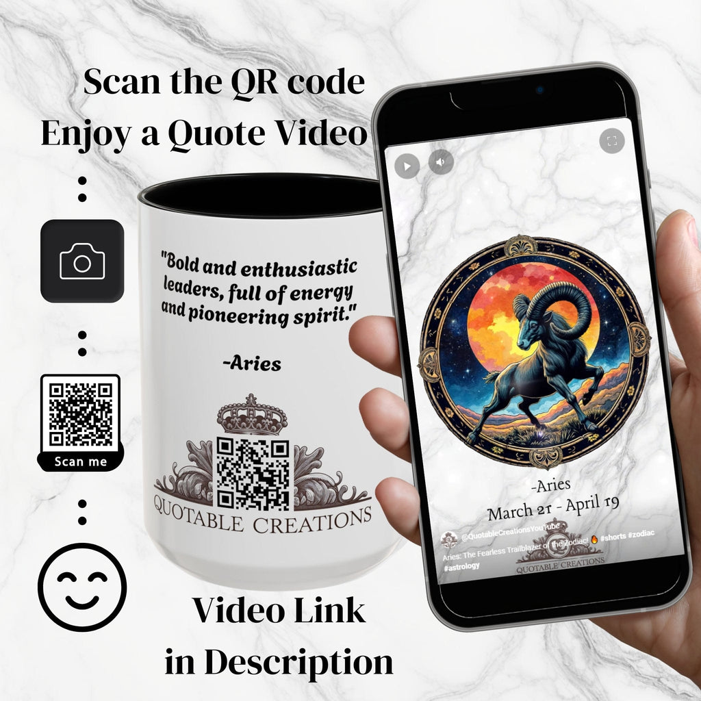 Printify Mug Aries Zodiac Coffee Mug with Inspirational Quote and Smart QR Code Unique Astrology Gift Personalized Horoscope Mug for Aries Lovers