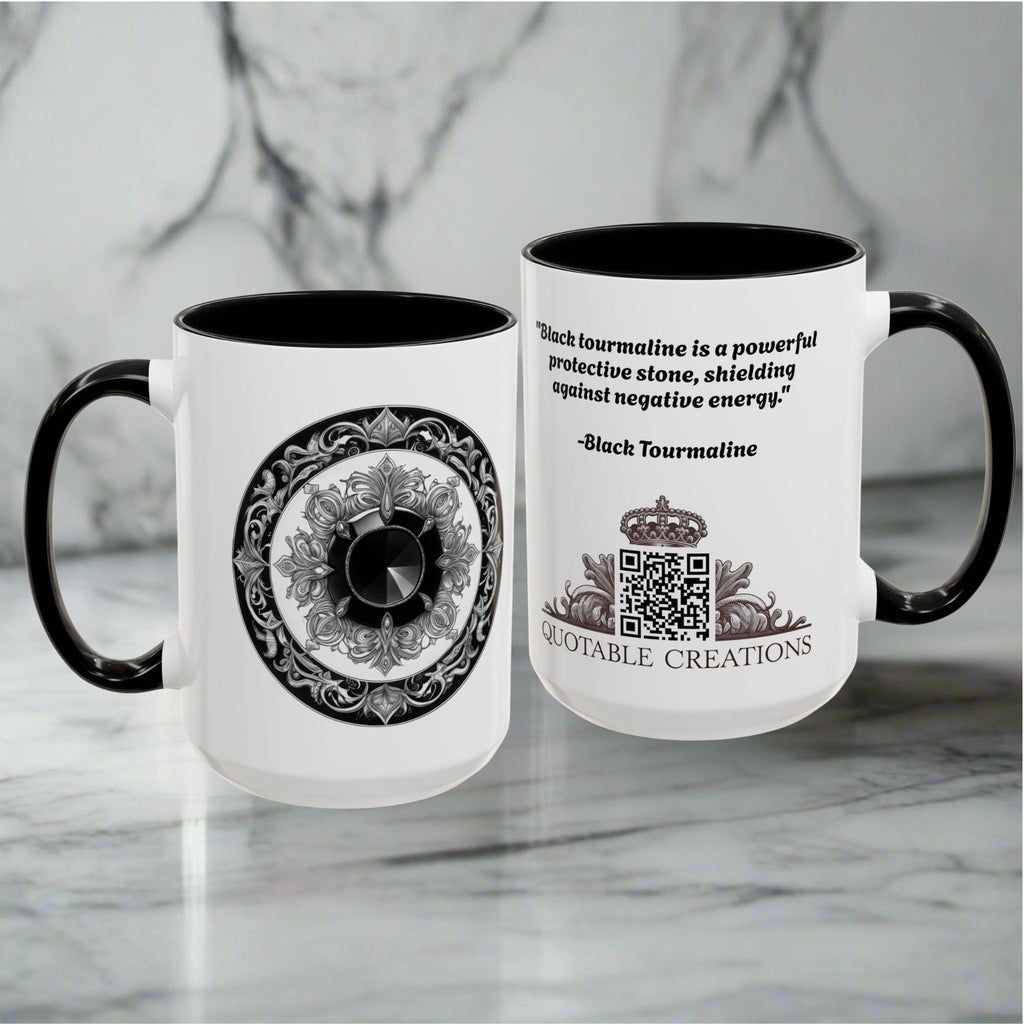 Printify Mug Black Tourmaline Gemstone Coffee Mug with Grounding Quote and QR Code Perfect Crystal Shield for Home and Office Unique Drinkware