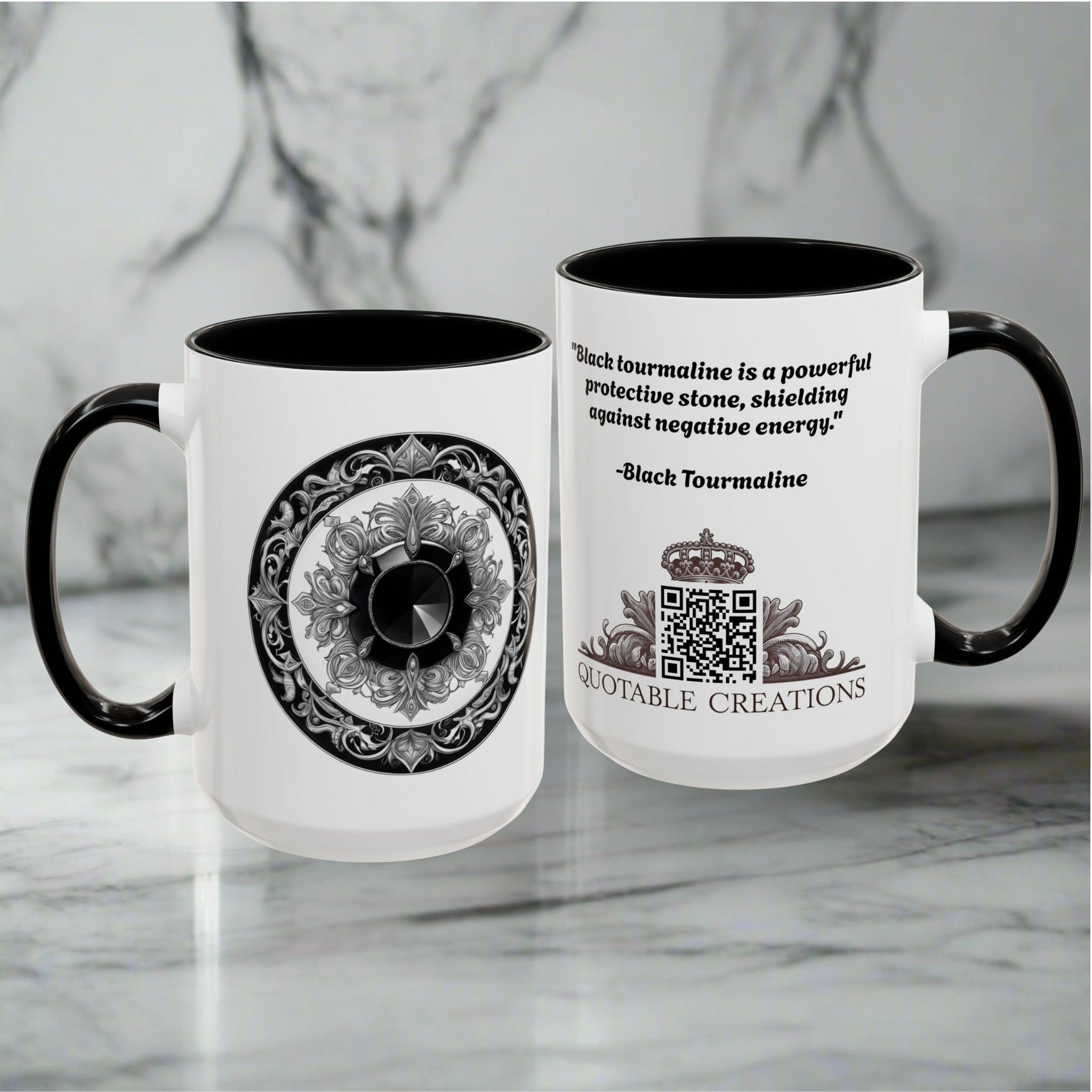 Printify Mug Black Tourmaline Gemstone Coffee Mug with Grounding Quote and QR Code Perfect Crystal Shield for Home and Office Unique Drinkware
