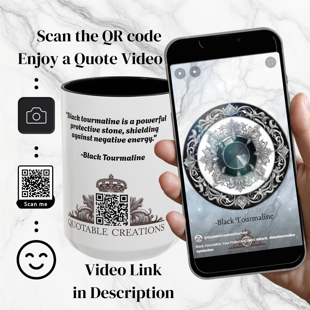 Printify Mug Black Tourmaline Gemstone Coffee Mug with Grounding Quote and QR Code Perfect Crystal Shield for Home and Office Unique Drinkware