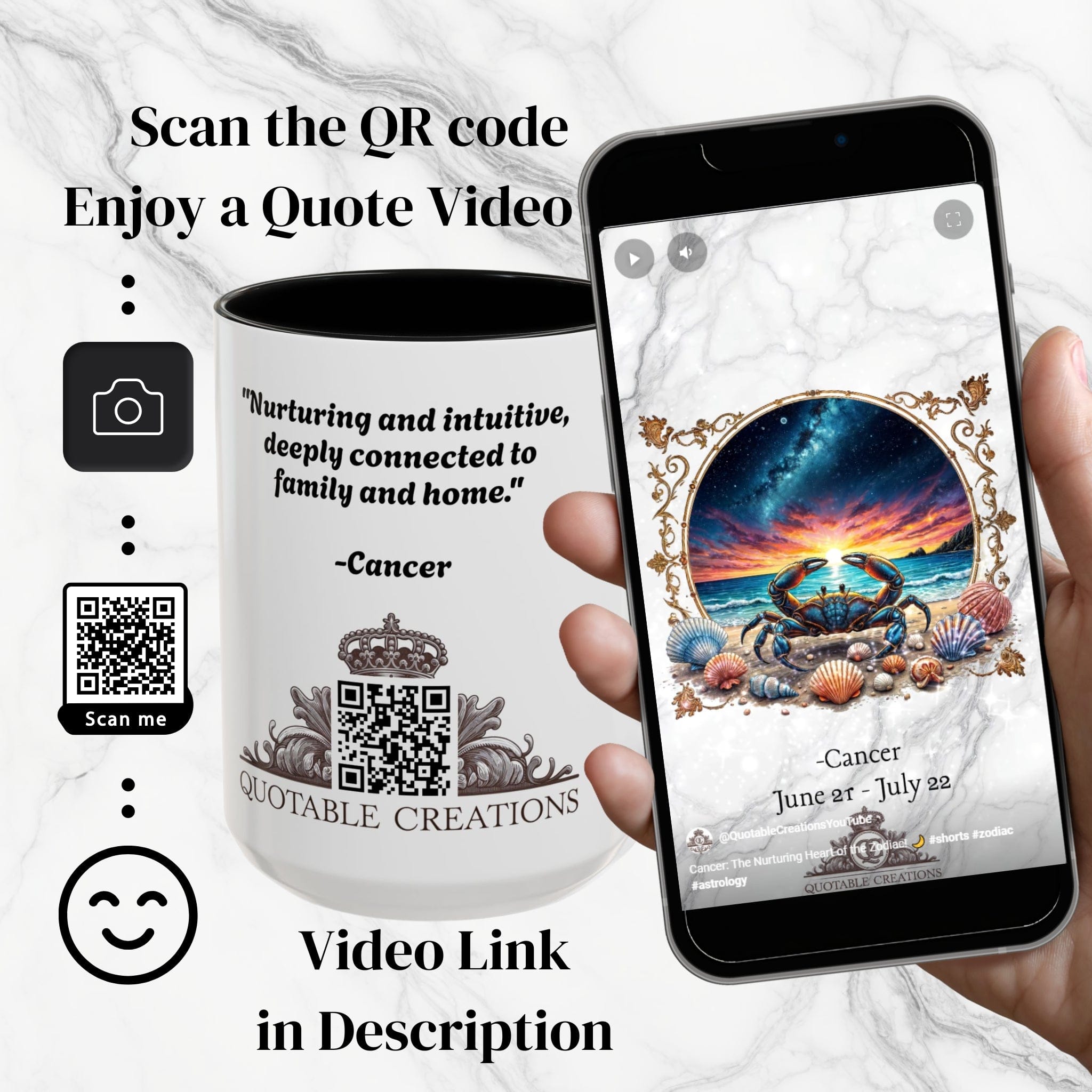 Printify Mug Cancer Zodiac Coffee Mug with Inspirational Quote and Smart QR Code Nurturing Astrology Gift Personalized Horoscope Mug for Cancer Fans