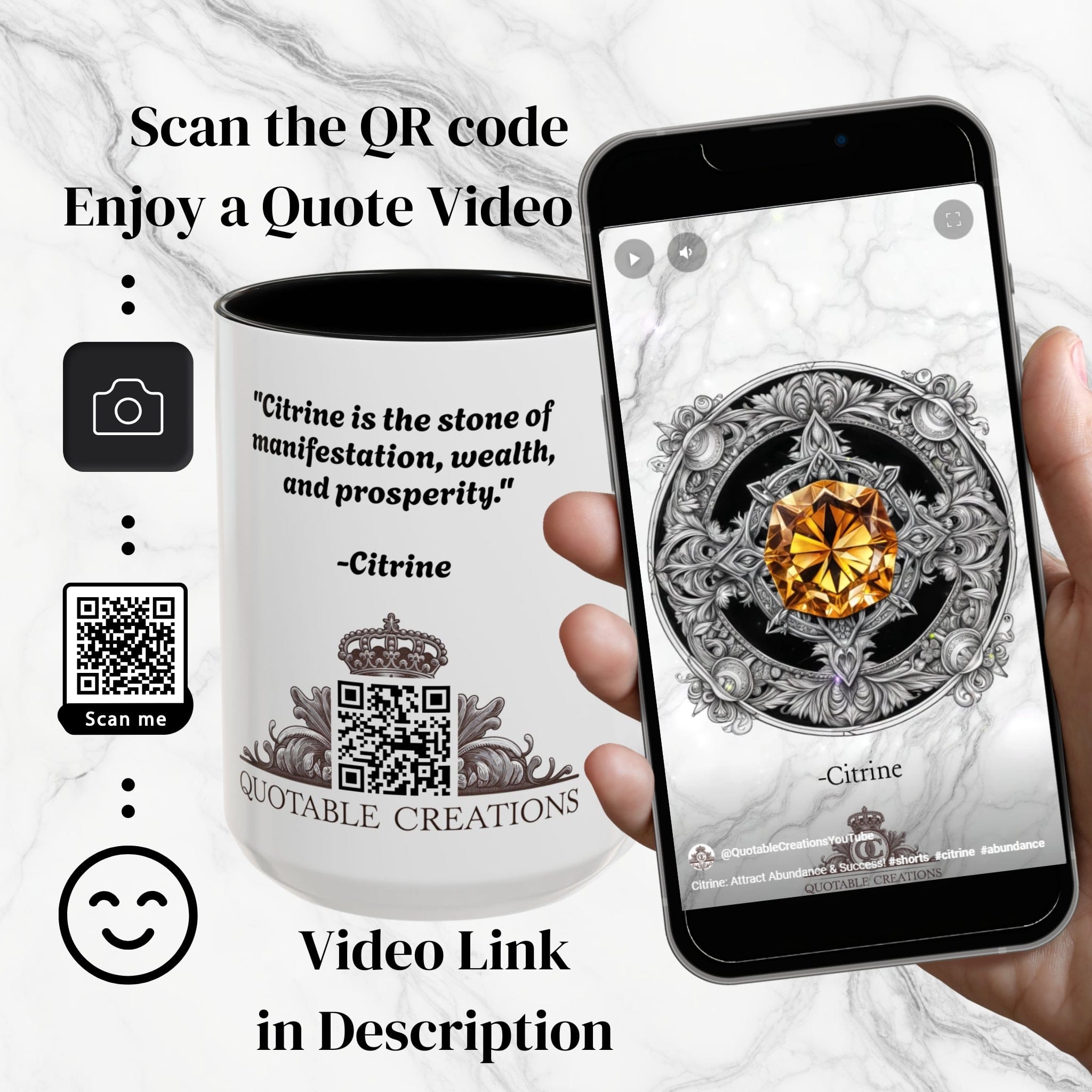 Printify Mug Citrine Crystal Coffee Mug with Positive Quote and QR Code for Motivational Video Ideal Gift for Gemstone Optimists and Dreamers