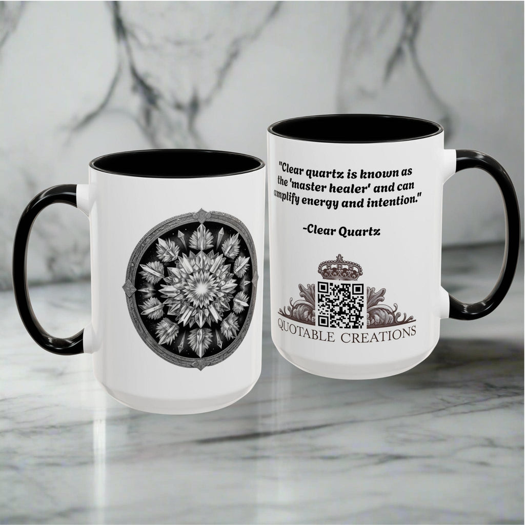Printify Mug Clear Quartz Gemstone Coffee Mug with Empowering Quote and QR Code Perfect for Crystal Manifestation and Meditation Enthusiasts