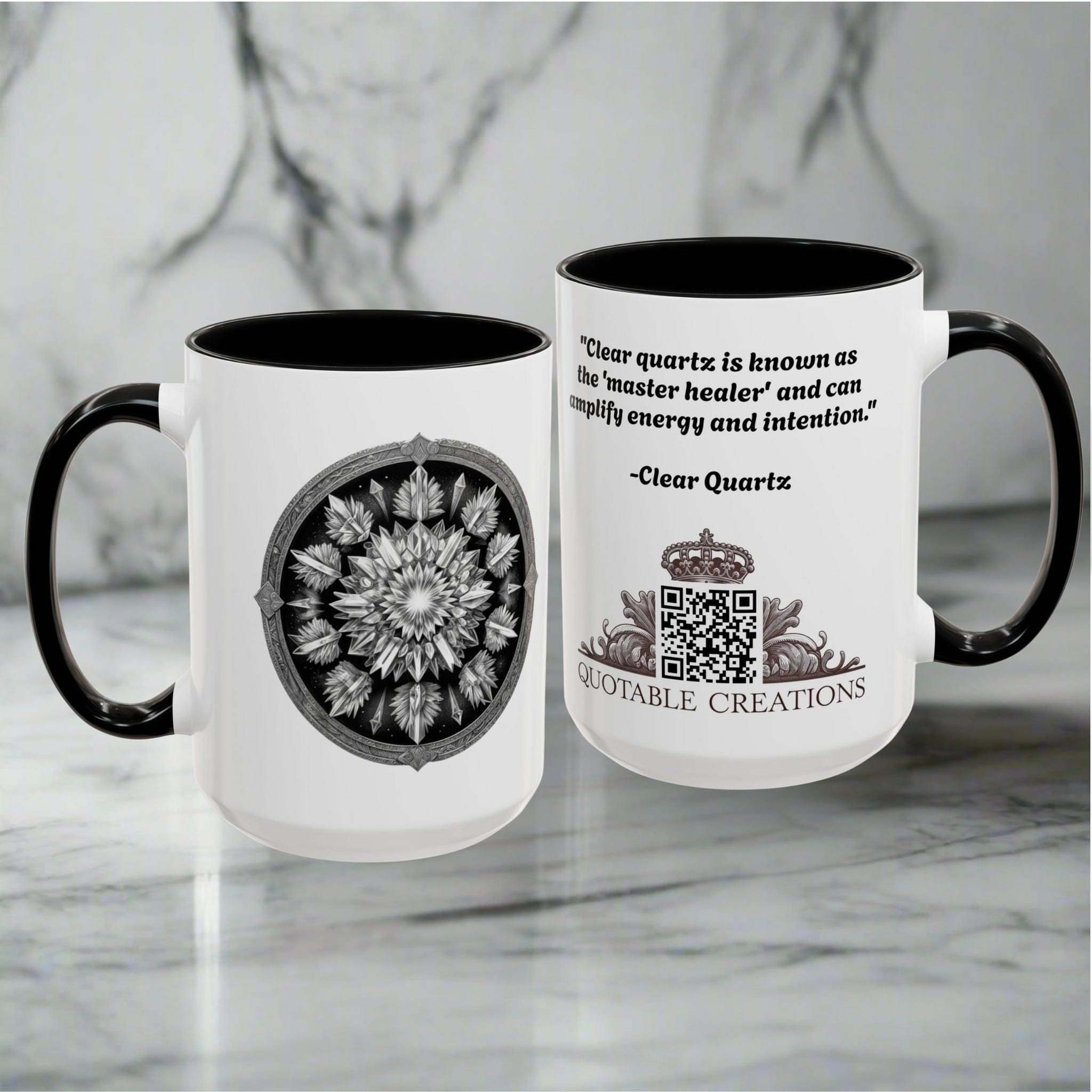 Printify Mug Clear Quartz Gemstone Coffee Mug with Empowering Quote and QR Code Perfect for Crystal Manifestation and Meditation Enthusiasts