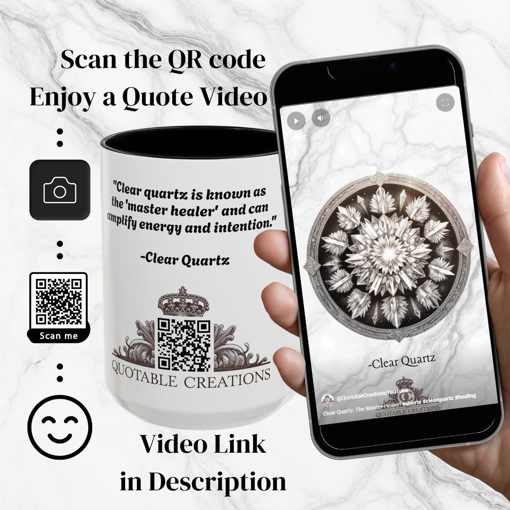 Printify Mug Clear Quartz Gemstone Coffee Mug with Empowering Quote and QR Code Perfect for Crystal Manifestation and Meditation Enthusiasts