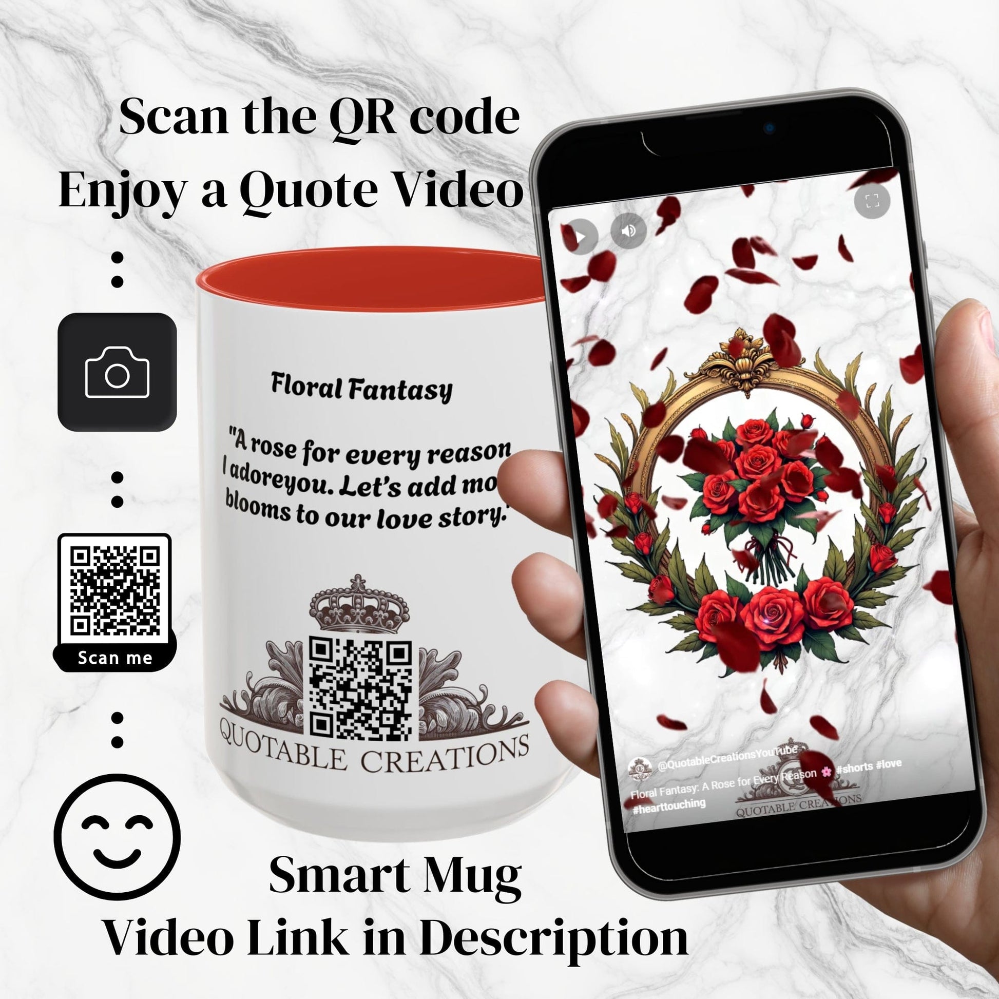 Printify Mug Floral Fantasy Mug Bright and Cheerful Gift for Loved Ones Romantic Present Celebrate Lovers Beautiful Moments QR Quote Video Keepsake