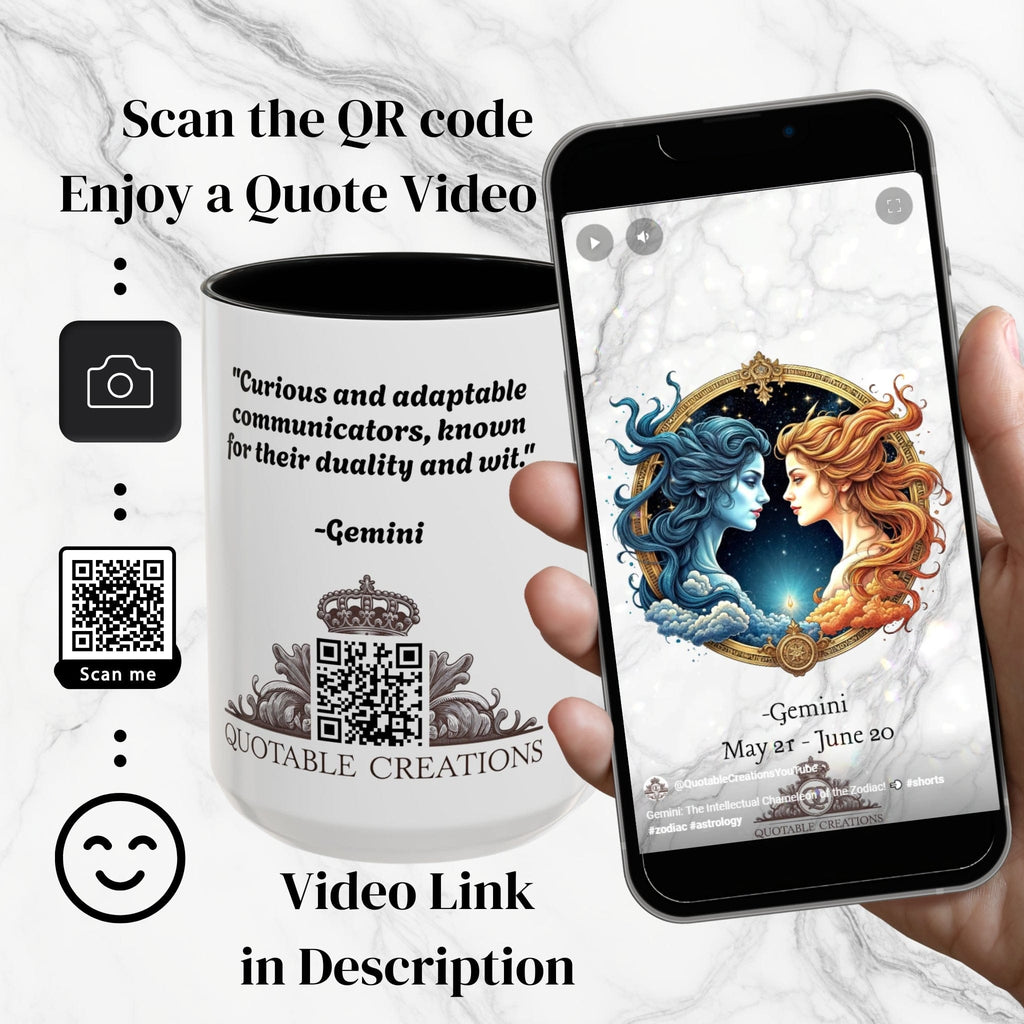 Printify Mug Gemini Zodiac Coffee Mug with Inspirational Quote and Smart QR Code Fun Astrology Gift Unique Horoscope Mug for Gemini Lovers