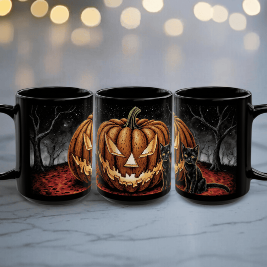 Printify Mug Halloween Pumpkin Cat Mug, Spooky Coffee Cup, Autumn Decor, Gift for Cat Lovers, Halloween Party Supplies