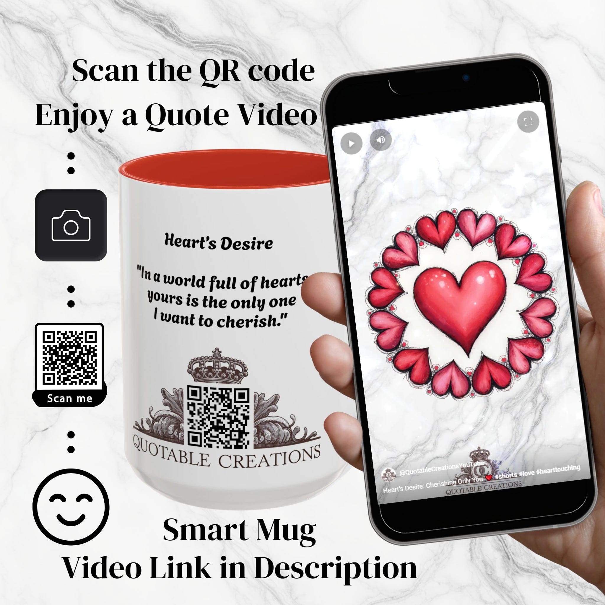 Printify Mug Hearts Desire Mug Cherished Friend Lover Gift for Loved Ones Perfect Present for Romantic Relationship Moments QR Quote Video Keepsake
