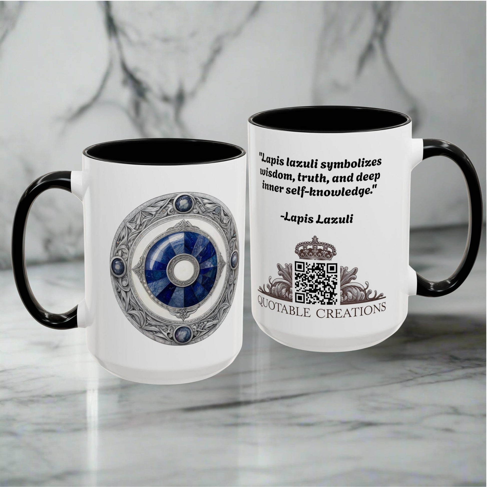 Printify Mug Lapis Lazuli Gemstone Mug with Inspirational Quote and QR Code Perfect for Dreamers Spiritual Seekers and Crystal Lovers