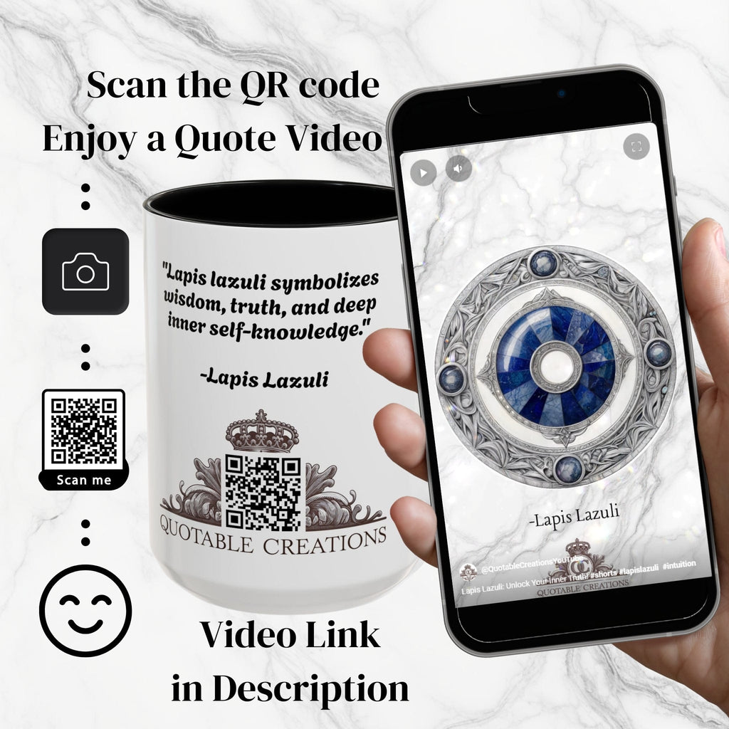 Printify Mug Lapis Lazuli Gemstone Mug with Inspirational Quote and QR Code Perfect for Dreamers Spiritual Seekers and Crystal Lovers