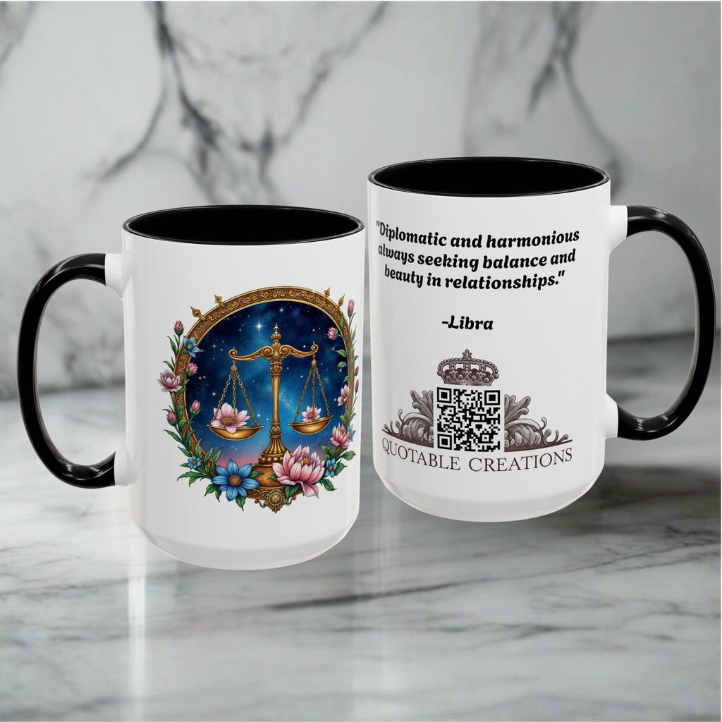 Printify Mug Libra Zodiac Coffee Mug with Inspirational Quote and Smart QR Code Balanced Astrology Gift Custom Horoscope Lovers Mug for Libra Fans
