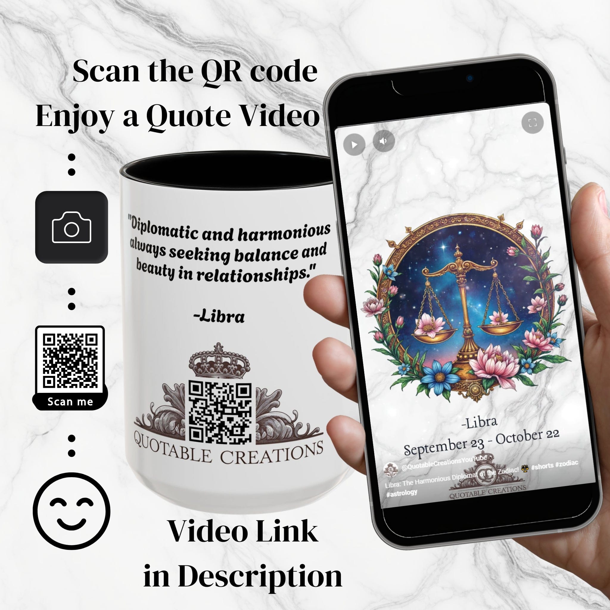 Printify Mug Libra Zodiac Coffee Mug with Inspirational Quote and Smart QR Code Balanced Astrology Gift Custom Horoscope Lovers Mug for Libra Fans
