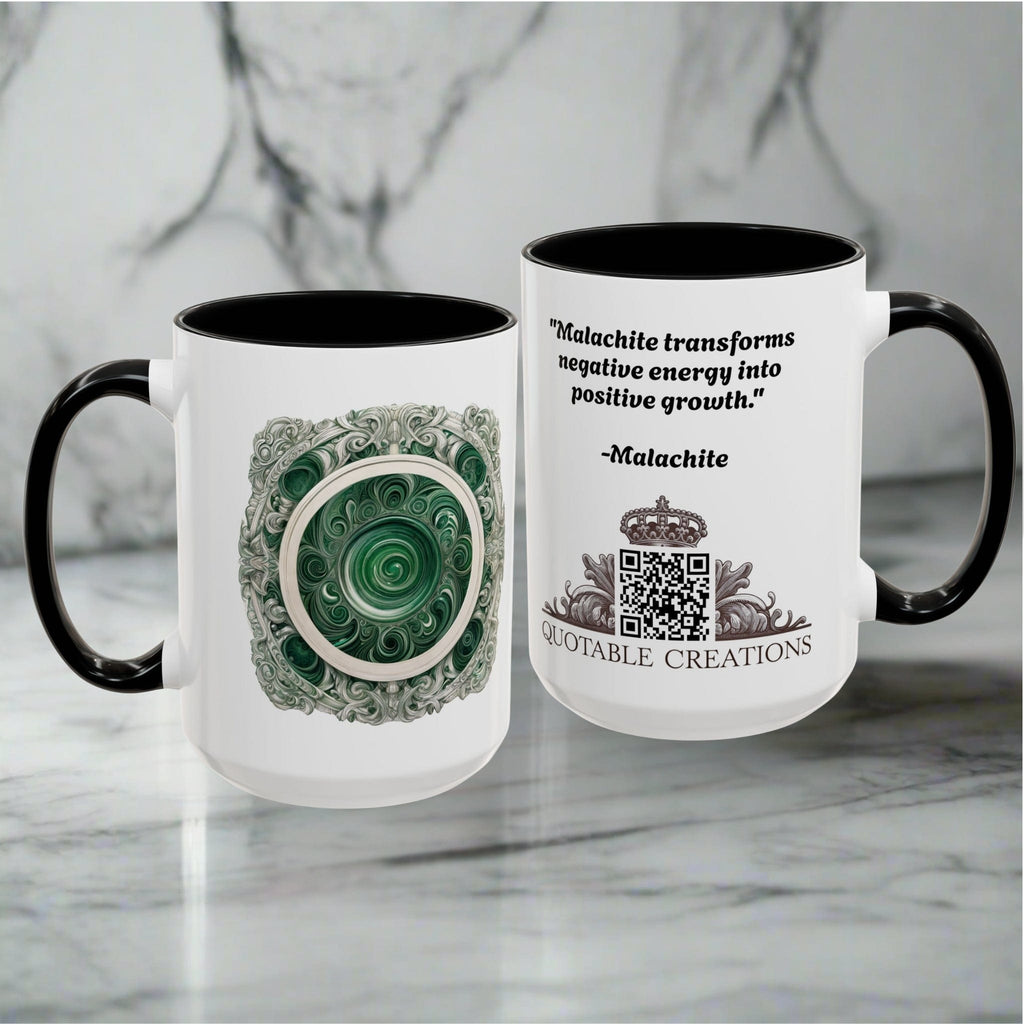 Printify Mug Malachite Crystal Coffee Mug with Inspirational Quote and QR Code Beautiful Gemstone Gift for Green Thumbs and Spiritual Lovers