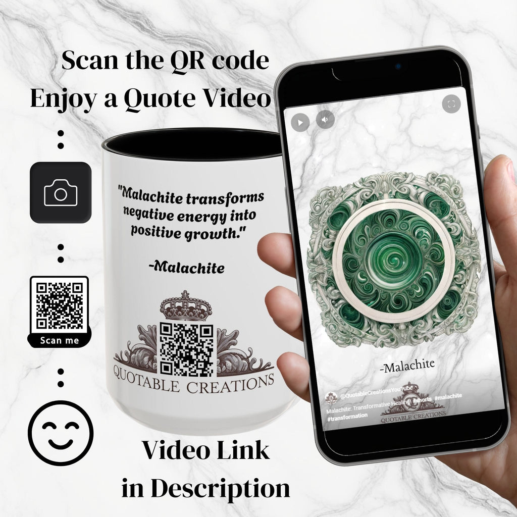 Printify Mug Malachite Crystal Coffee Mug with Inspirational Quote and QR Code Beautiful Gemstone Gift for Green Thumbs and Spiritual Lovers
