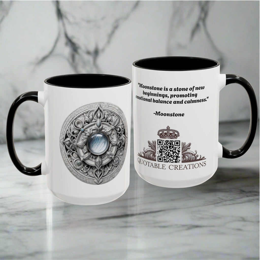 Printify Mug Moonstone Gemstone Coffee Mug with Empowering Quote and QR Code Perfect for Mystics and Creative Spirits Beautiful Crystal Lovers