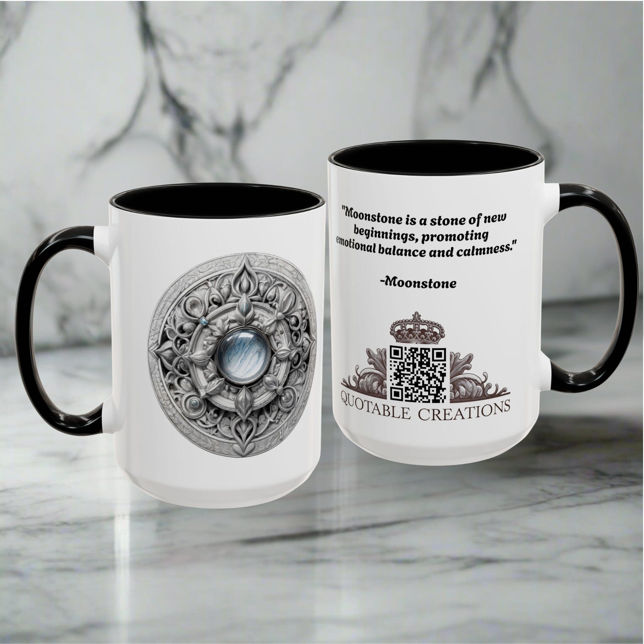 Printify Mug Moonstone Gemstone Coffee Mug with Empowering Quote and QR Code Perfect for Mystics and Creative Spirits Beautiful Crystal Lovers