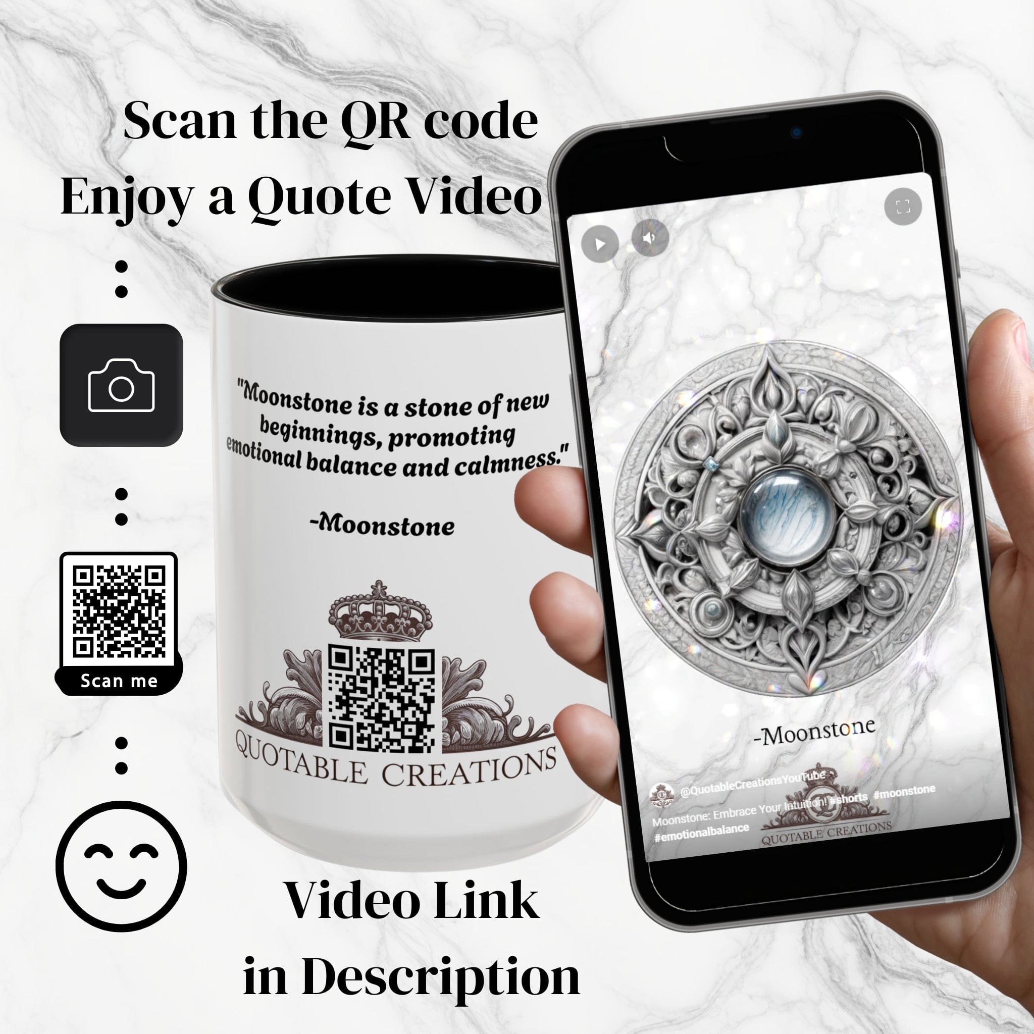 Printify Mug Moonstone Gemstone Coffee Mug with Empowering Quote and QR Code Perfect for Mystics and Creative Spirits Beautiful Crystal Lovers