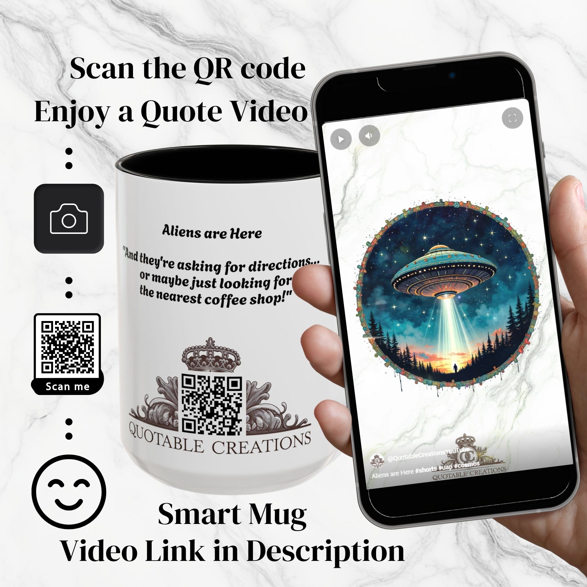 Printify Mug Mug - Aliens Are Here - UFO & Cosmic QR Code Quote Video