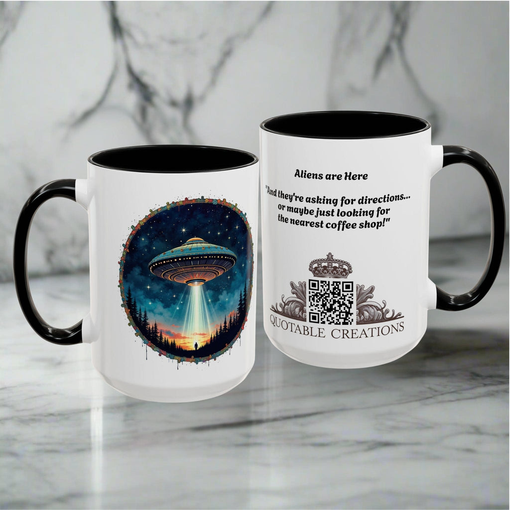 Printify Mug Mug - Aliens Are Here - UFO & Cosmic QR Code Quote Video