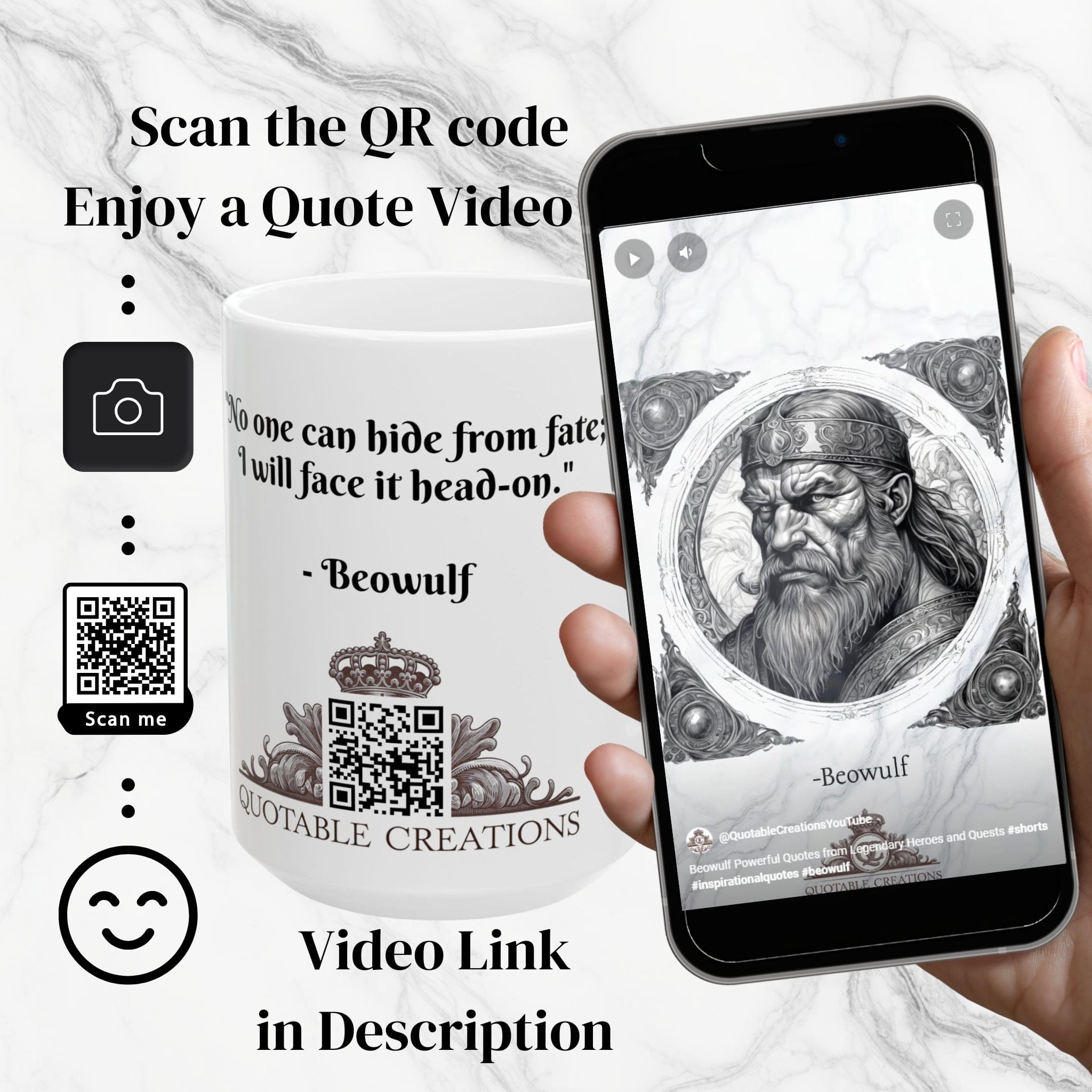 Printify Mug Mug - Beowulf - Heroes & Quests Motivational QR Code Quote Video