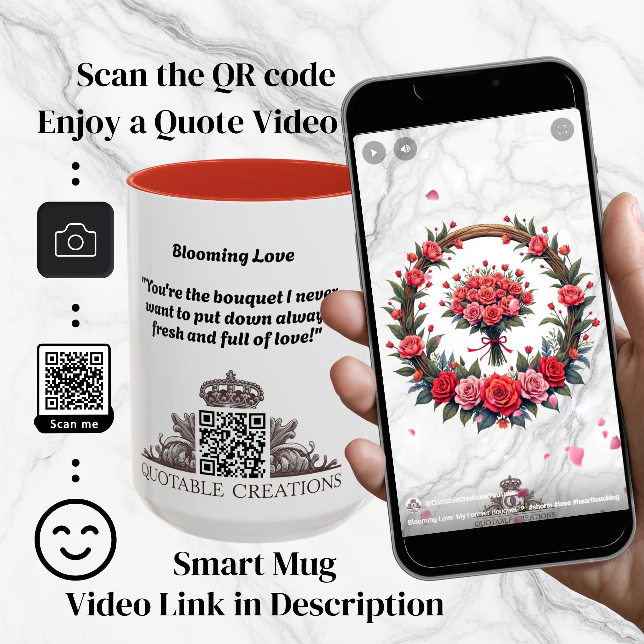 Printify Mug Mug - Blooming Love - Love & Romance QR Code Quote Video