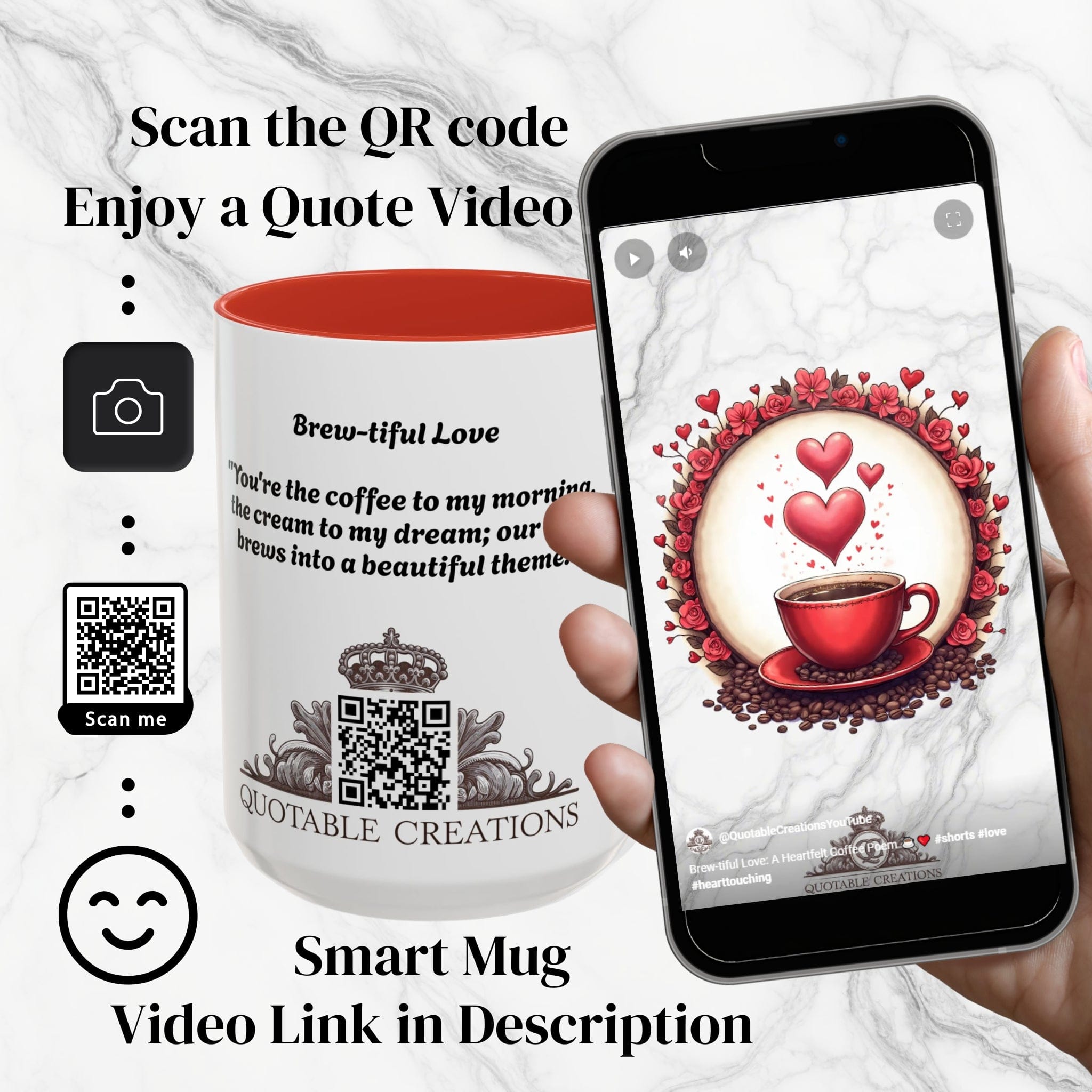 Printify Mug Mug - Brew-tiful Love - Love & Fun Mug with QR Code Quote Video