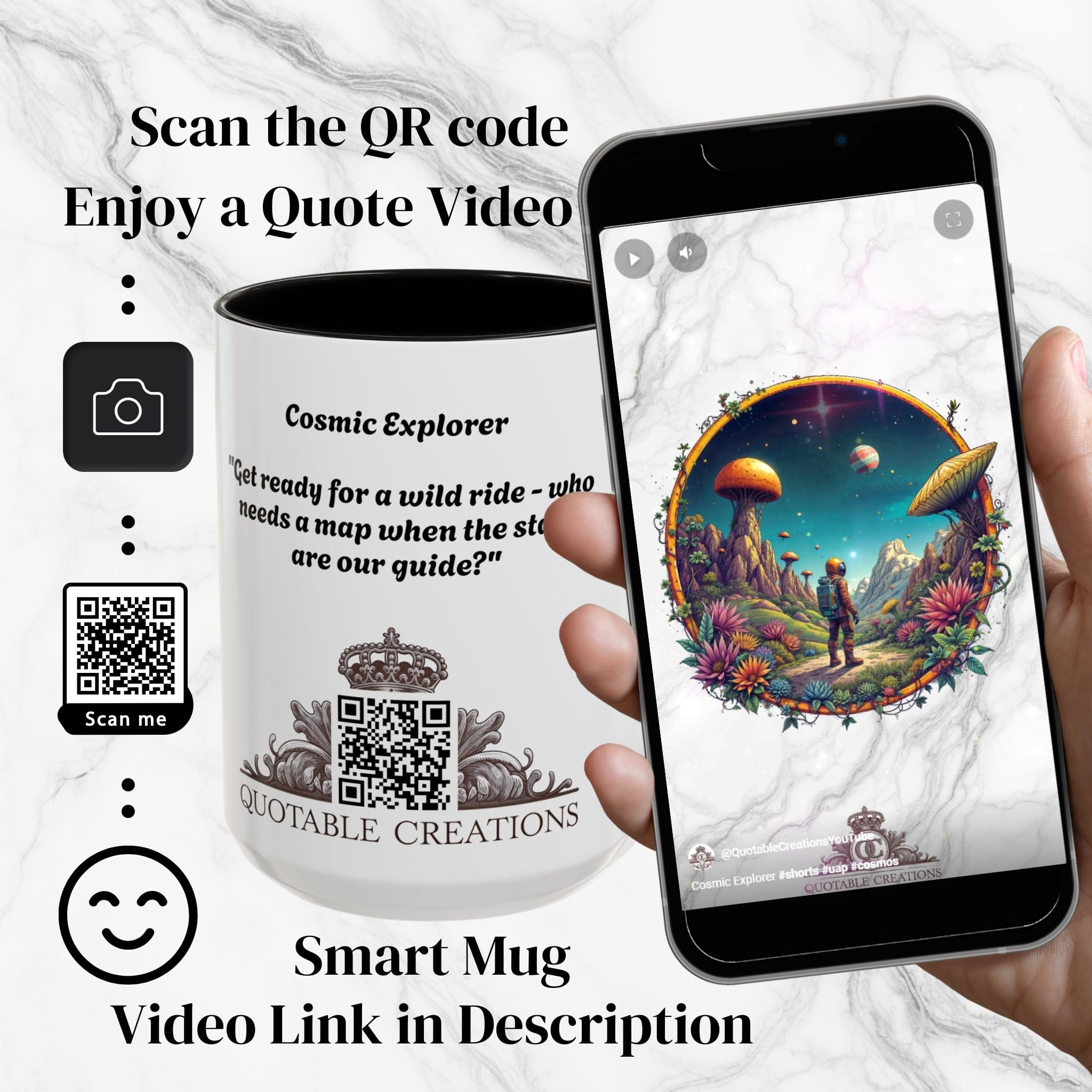 Printify Mug Mug - Cosmic Explorer - UFO & Cosmic QR Code Quote Video