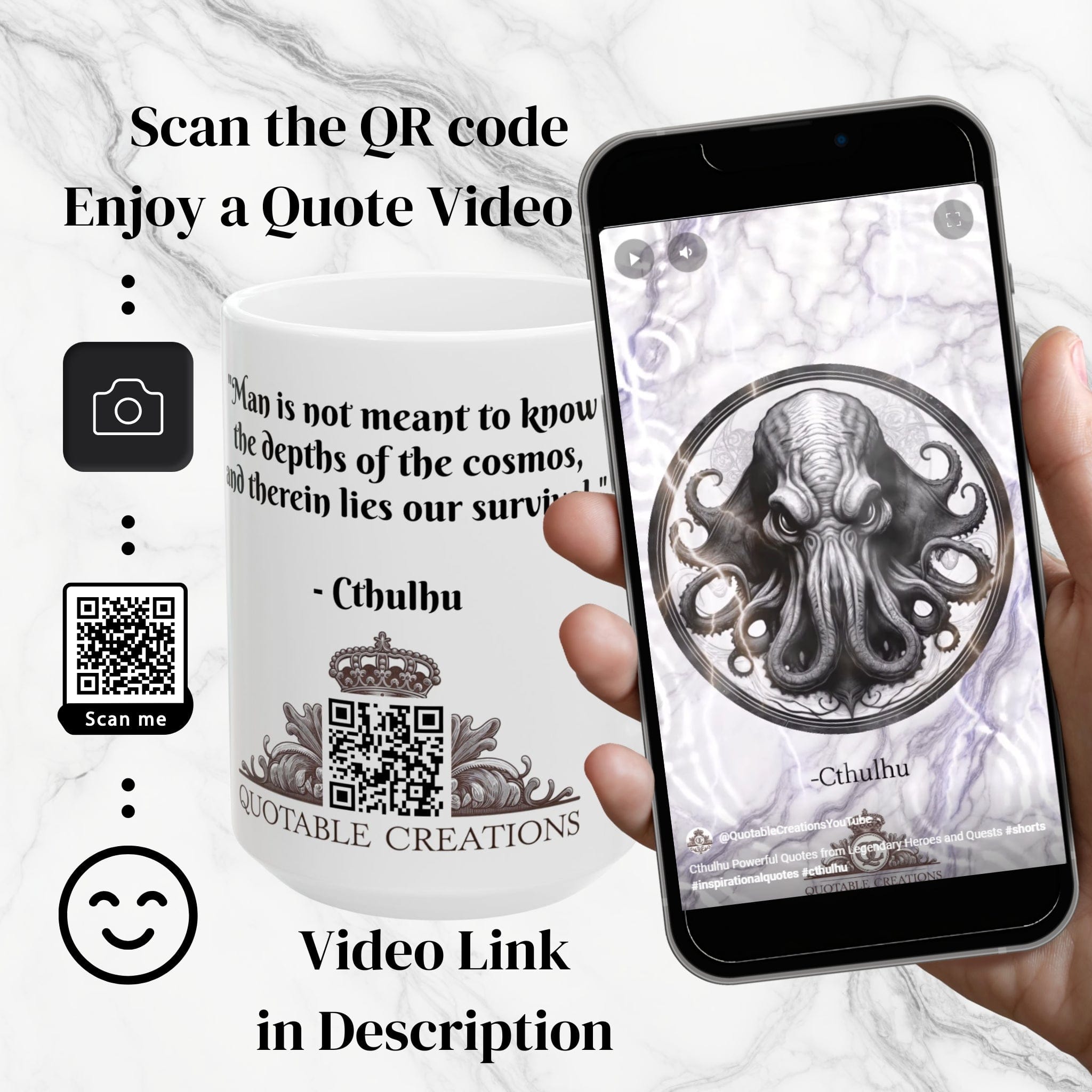 Printify Mug Mug - Cthulhu - Heroes & Quests Motivational QR Code Quote Video