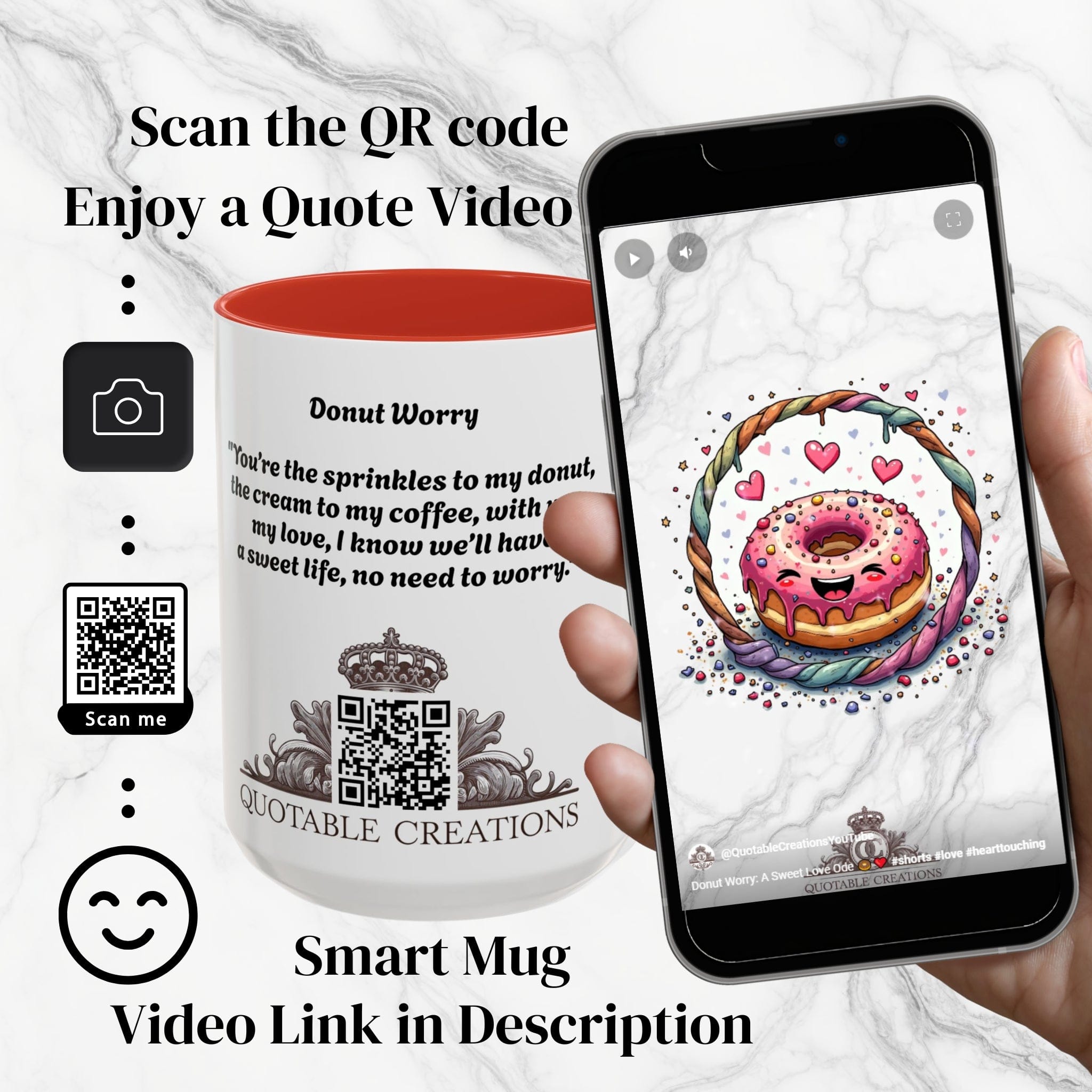 Printify Mug Mug - Donut Worry - Love & Fun Mug with QR Code Quote Video