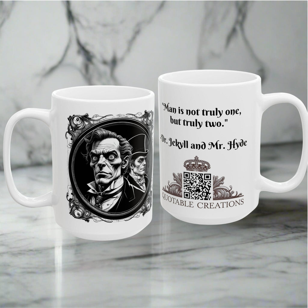 Printify Mug Mug - Dr. Jekyll and Mr. Hyde - Mysteries & Monsters Inspirational QR Code Quote Video