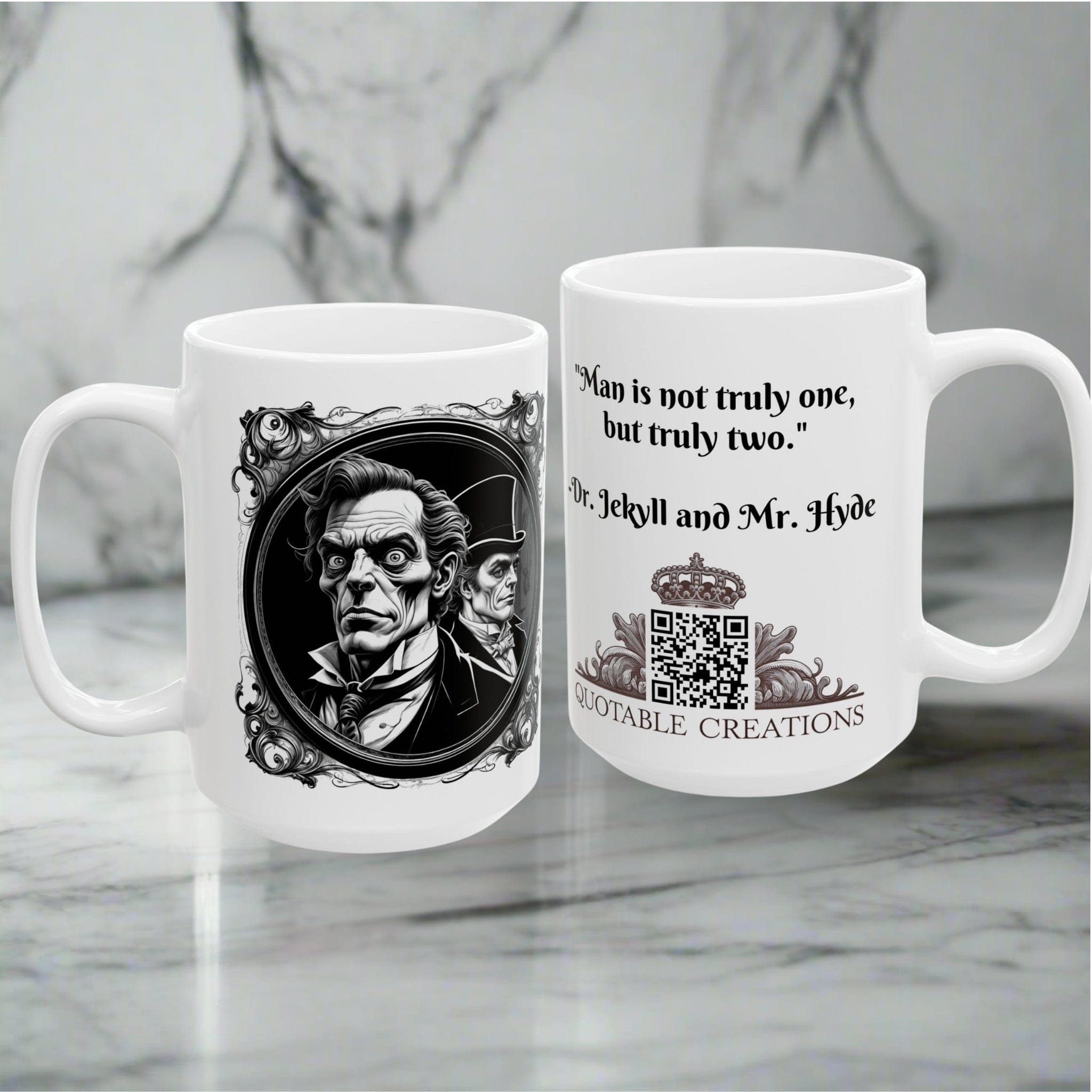 Printify Mug Mug - Dr. Jekyll and Mr. Hyde - Mysteries & Monsters Inspirational QR Code Quote Video