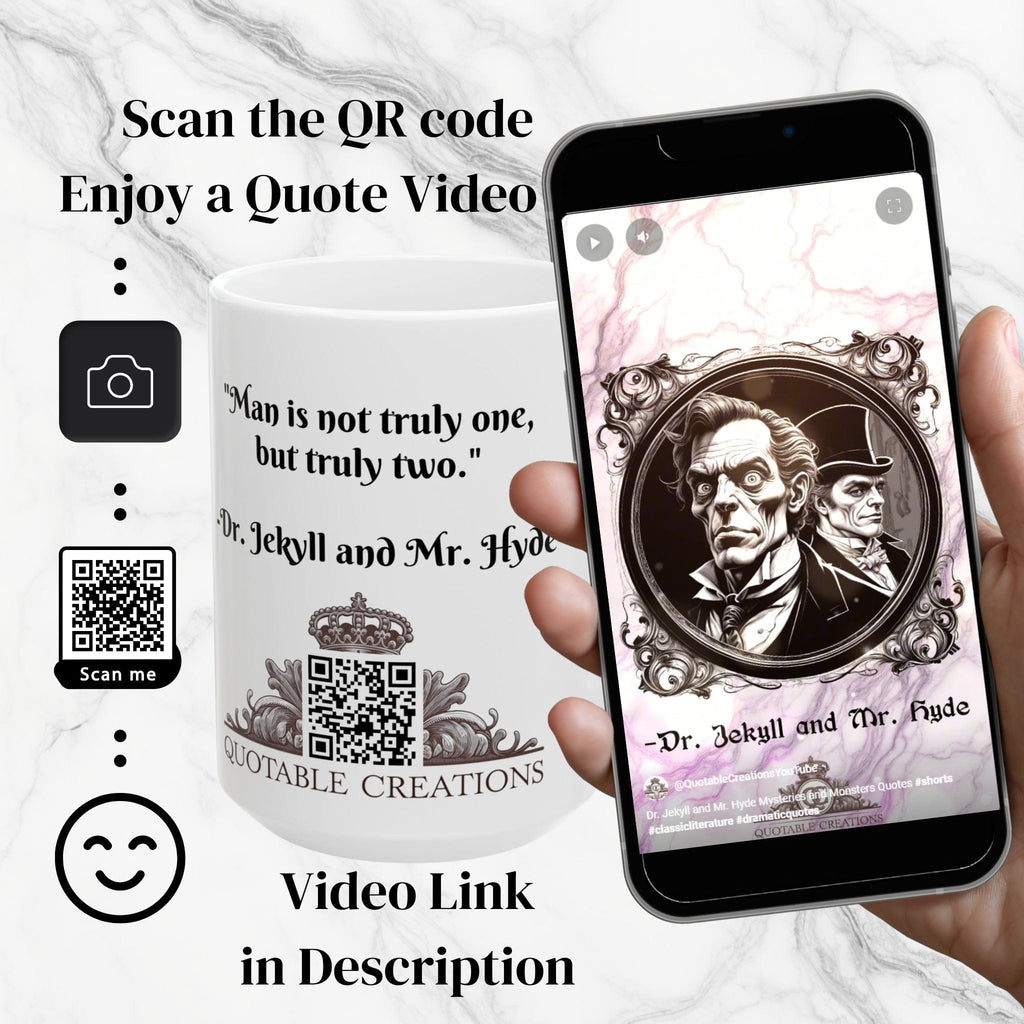 Printify Mug Mug - Dr. Jekyll and Mr. Hyde - Mysteries & Monsters Inspirational QR Code Quote Video